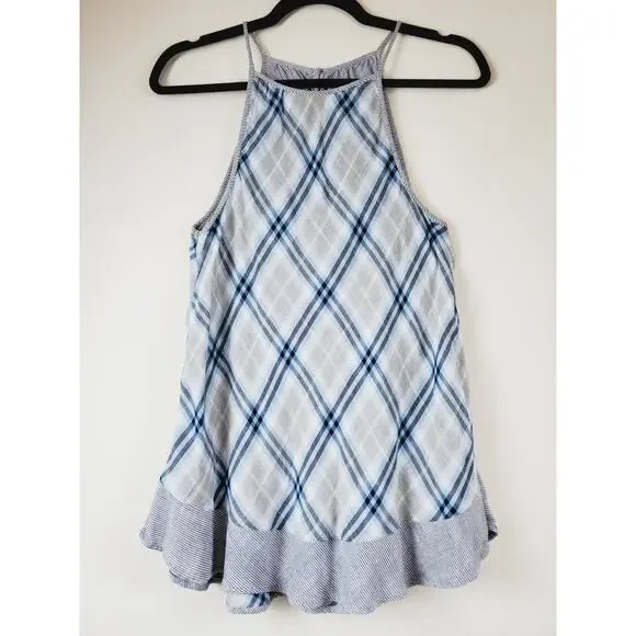 Cloth Womens & Stone Small Top‎ Sleeveless Tank Blue Plaid Halter Ruffles Tencel - Picture 11 of 11
